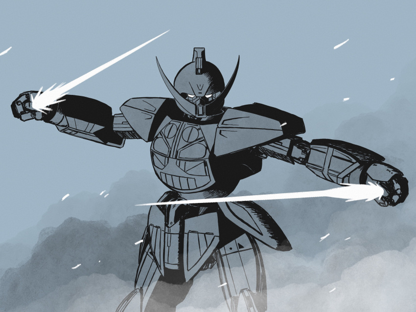 absurdres, beam_saber, commentary, dual_wielding, english_commentary, feet_out_of_frame, grey_background, greyscale_with_colored_background