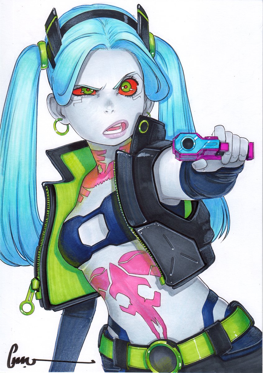1girl, aiming, aiming_at_viewer, animal_ears, artificial_eye, belt, bikini, bikini_top_only