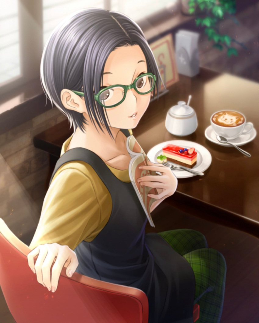 1girl, bespectacled, black_chemise, black_eyes, black_hair, bob_cut, book, cake