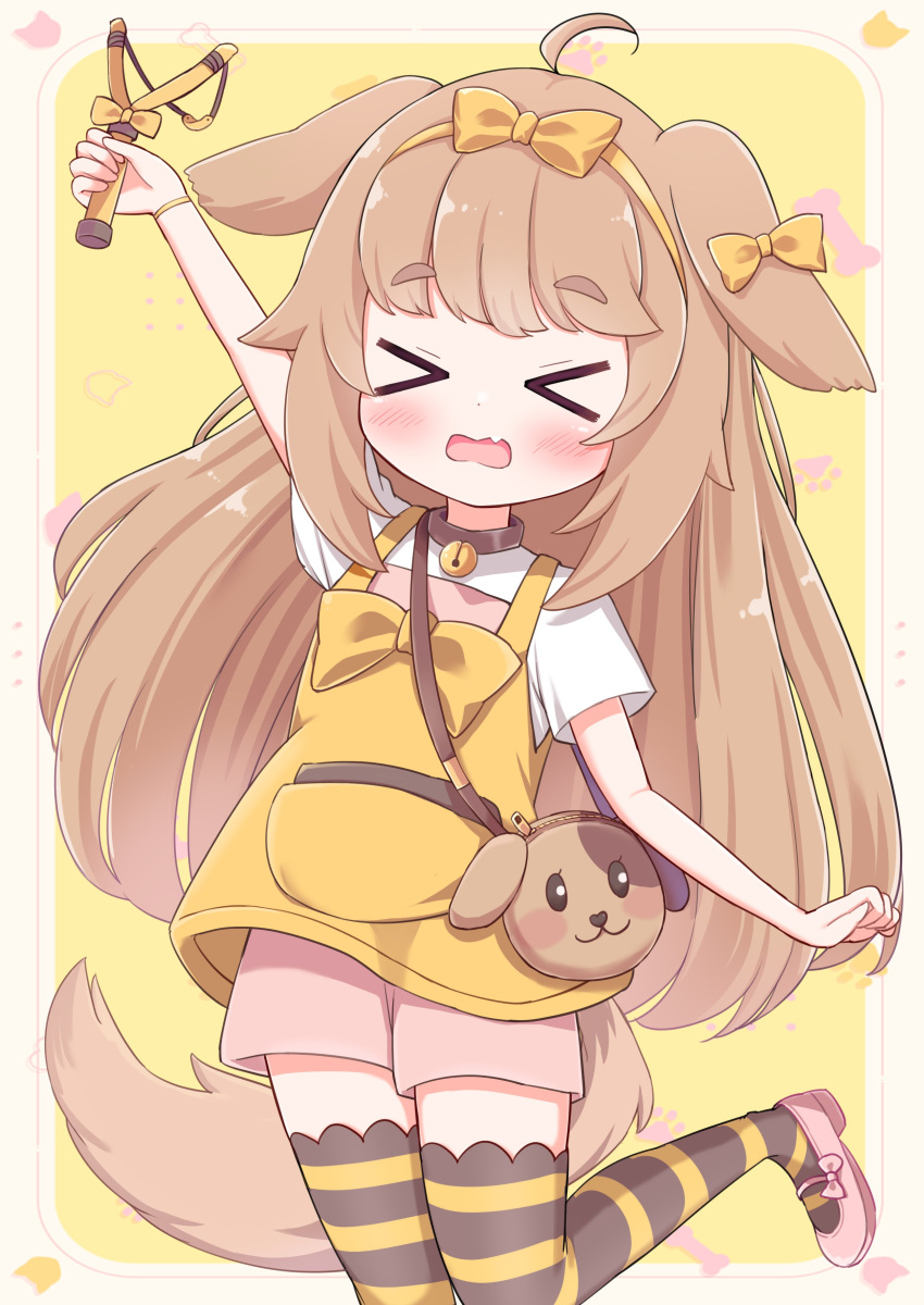 >_<, 1girl, absurdres, ahoge, animal_ears, arm_up, bag, bell, blush, brown_hair, butter_(trickcal), closed_eyes, collar, dog_ears, dog_girl, dog_tail, gogounbeoseos, highres, horizontal-striped_thighhighs, jingle_bell, leg_up, long_hair, neck_bell, open_mouth, pink_footwear, pink_shorts, ribbon, shirt, shoes, short_sleeves, shorts, slingshot_(weapon), solo, standing, standing_on_one_leg, striped_clothes, striped_thighhighs, tail, thigh-highs, trickcal, white_shirt, yellow_ribbon, yellow_shirt
