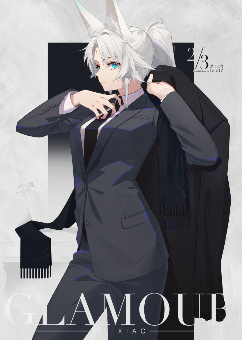 1girl, absurdres, alternate_costume, animal_ear_fluff, animal_ear_piercing, animal_ears, black_jacket, black_necktie, black_scarf, black_suit, breasts, character_name, eyeliner, feixiao_(honkai:_star_rail), forehead_jewel, fox_ears, fox_girl, green_eyes, highres, honkai:_star_rail, honkai_(series), jacket, long_hair, looking_at_viewer, makeup, necktie, parted_bangs, red_eyeliner, reirz, scarf, solo, suit, very_long_hair, white_hair