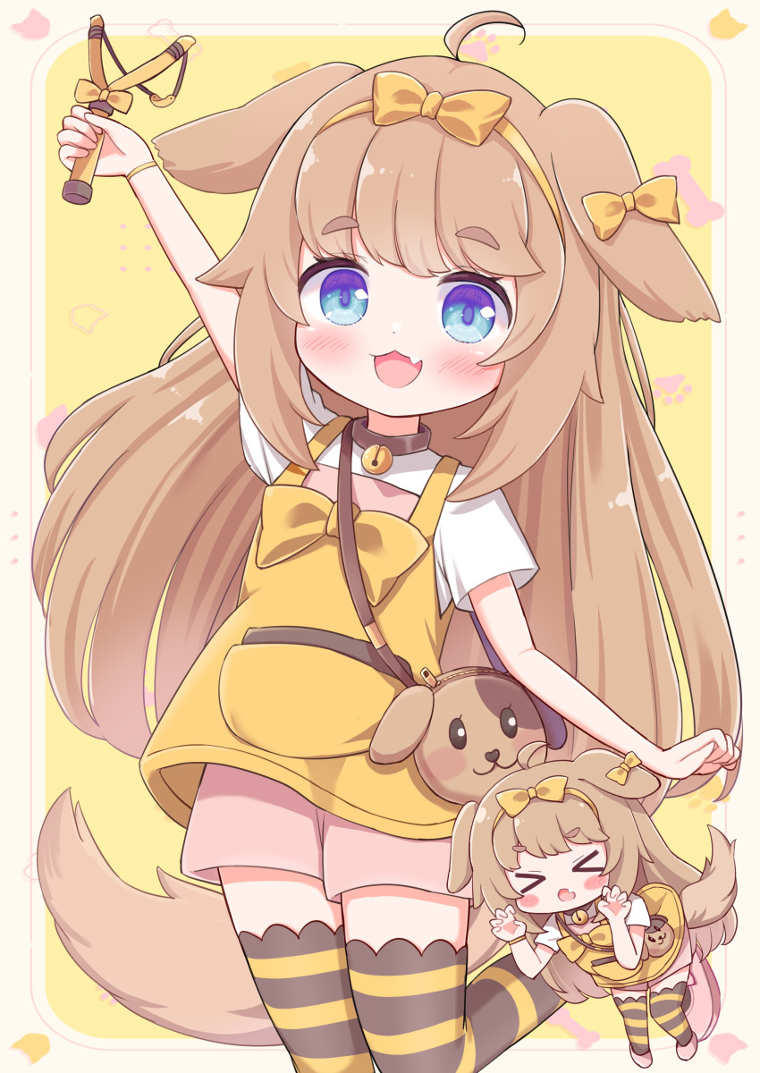 >_<, 1girl, absurdres, ahoge, animal_ears, arm_up, bag, bell