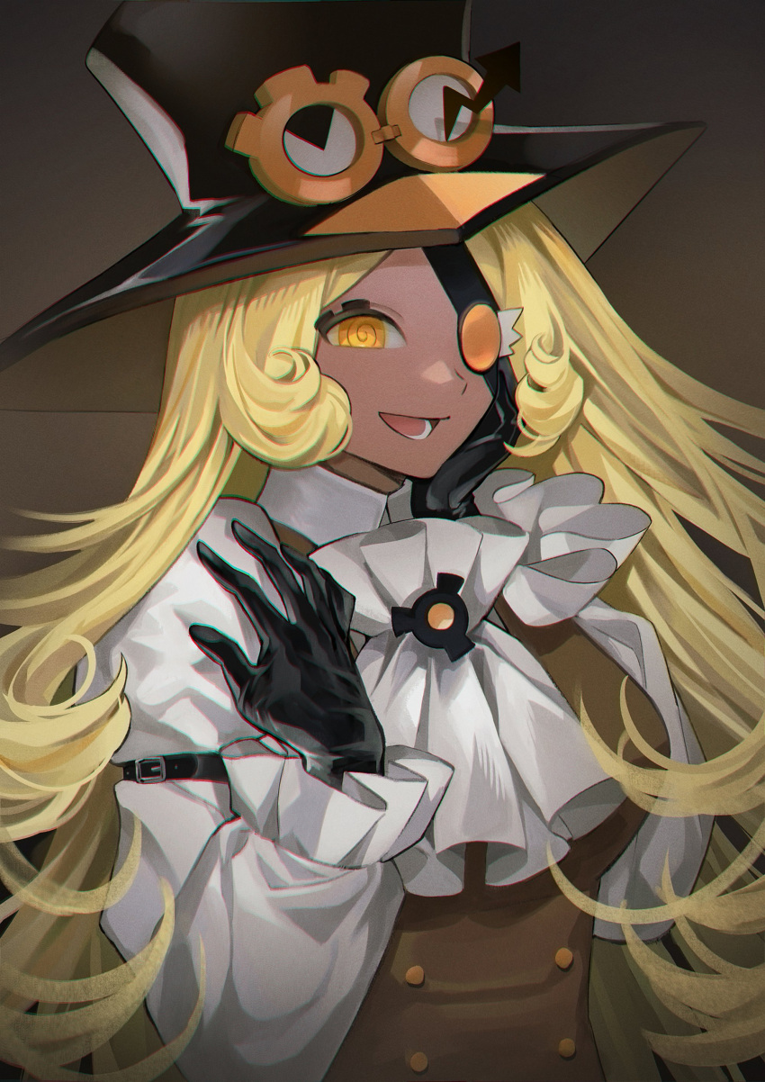 1girl, :d, @_@, absurdres, ascot, black_gloves, black_hat, blonde_hair