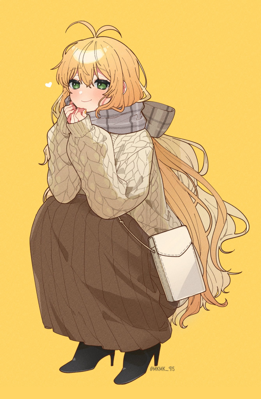 1girl, alternate_costume, antenna_hair, blonde_hair, blush, full_body, green_eyes, high_heels