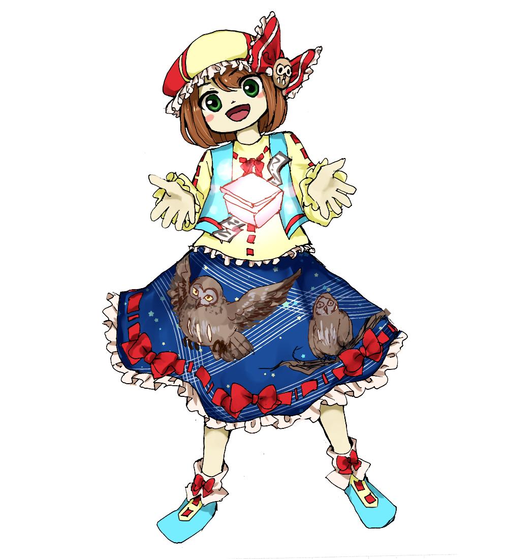 1girl, bad_id, bad_twitter_id, bird, bird_hair_ornament, blue_footwear, blue_skirt, blue_vest, blush_stickers, bow, bow_legwear, bow_skirt, box, brown_hair, commentary_request, frilled_bow, frilled_headwear, frilled_shirt, frilled_skirt, frilled_sleeves, frills, full_body, green_eyes, hair_ornament, hat, hat_bow, head_tilt, long_sleeves, looking_at_viewer, medium_skirt, open_clothes, open_mouth, open_vest, original, outstretched_hand, owl, owl_print, parody, red_bow, red_hat, ribbon-trimmed_footwear, ribbon-trimmed_shirt, ribbon-trimmed_skirt, ribbon-trimmed_sleeves, ribbon_trim, shirt, shoes, short_hair, simple_background, skirt, smile, socks, solo, straight-on, style_parody, touhou, triangle_nose, two-tone_headwear, vest, white_background, white_socks, yellow_hat, yellow_shirt, yukkyon_kyon, zun_(style)