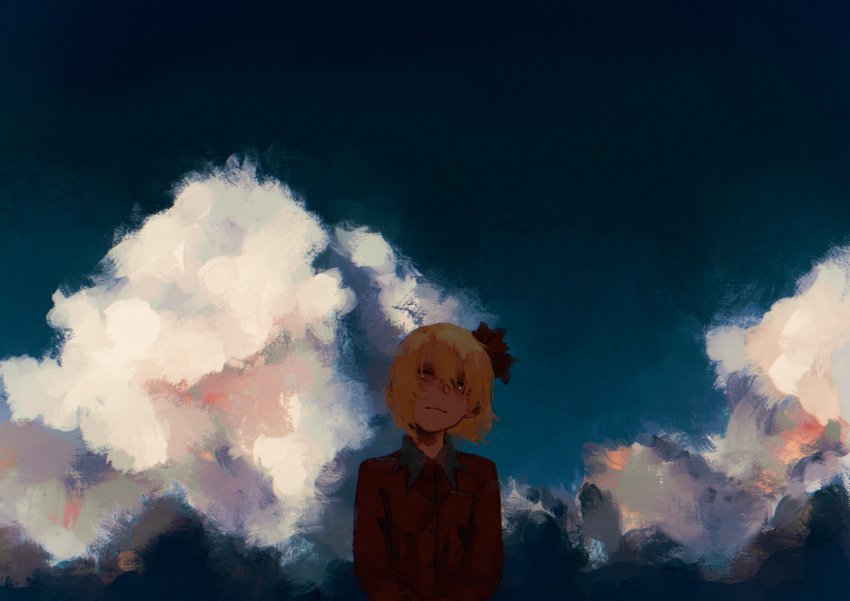 1girl, absurdres, aki_shizuha, blonde_hair, closed_mouth, clouds, cloudy_sky, collared_shirt
