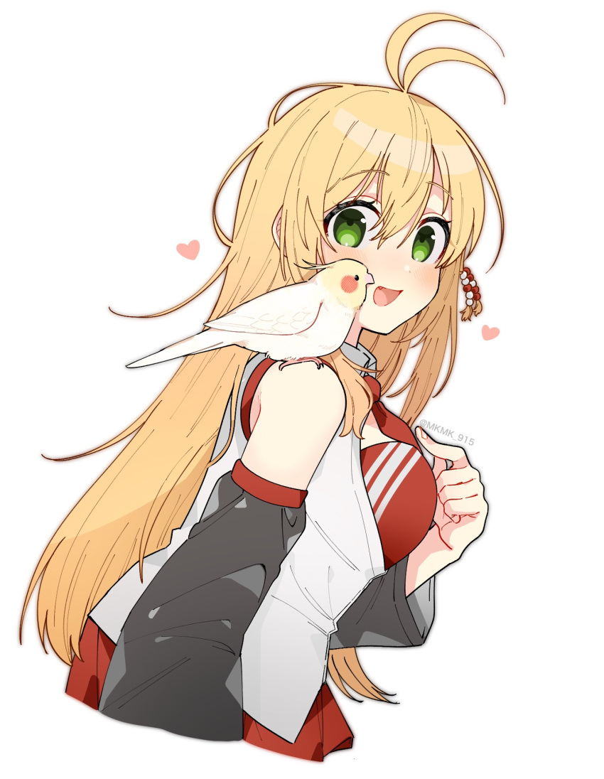 1girl, antenna_hair, beads, bird, blonde_hair, blush, green_eyes, hair_beads