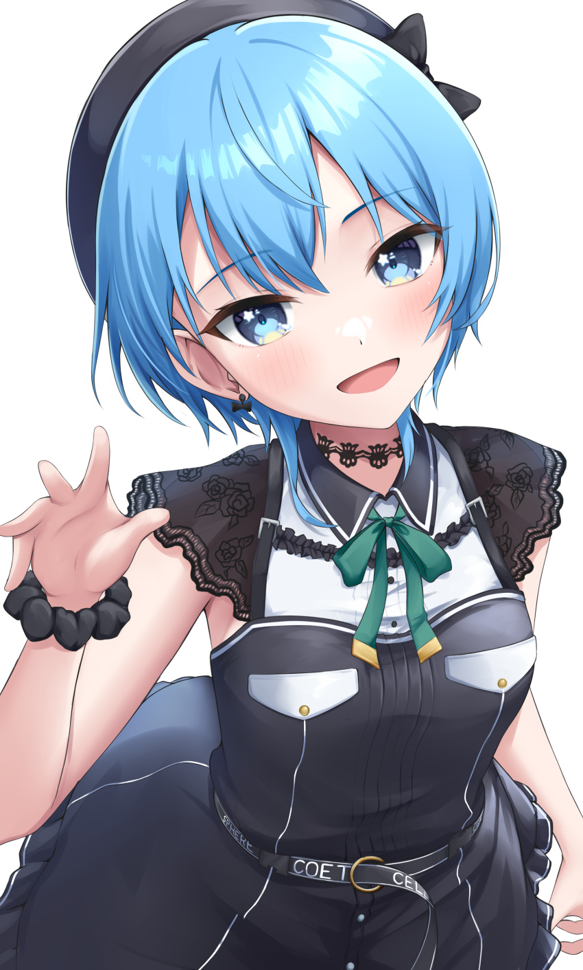 1girl, :d, absurdres, beret, black_choker, black_dress, black_hat, blue_eyes