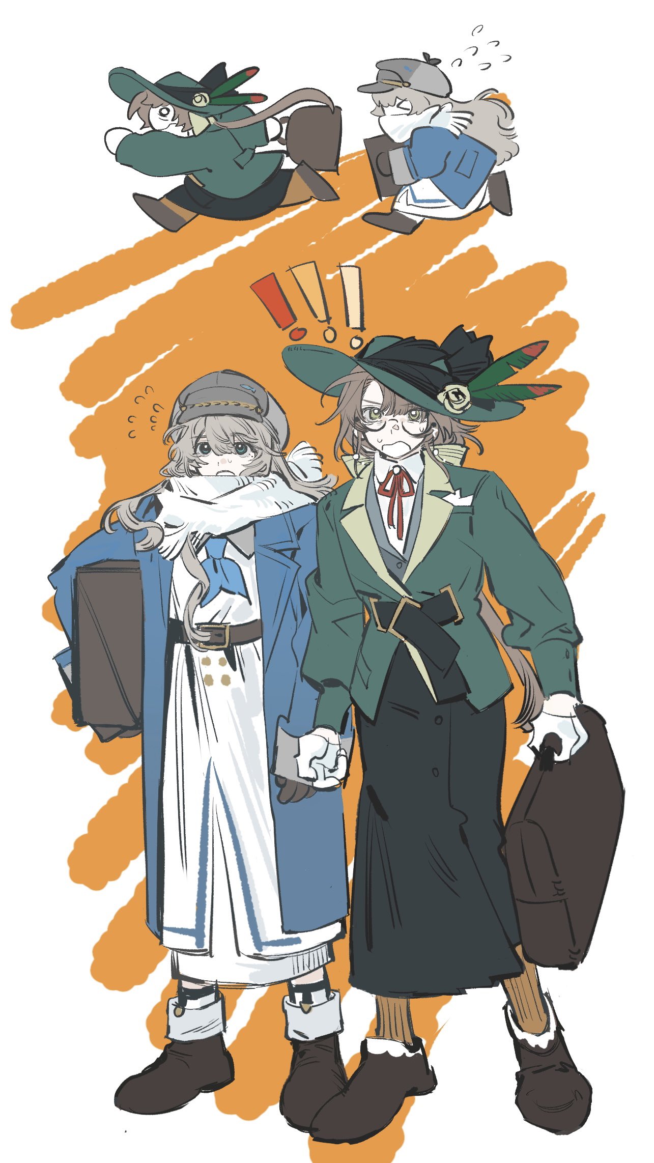 !, !!, >_<, 2girls, bag, belt, black_skirt, blue_cat
