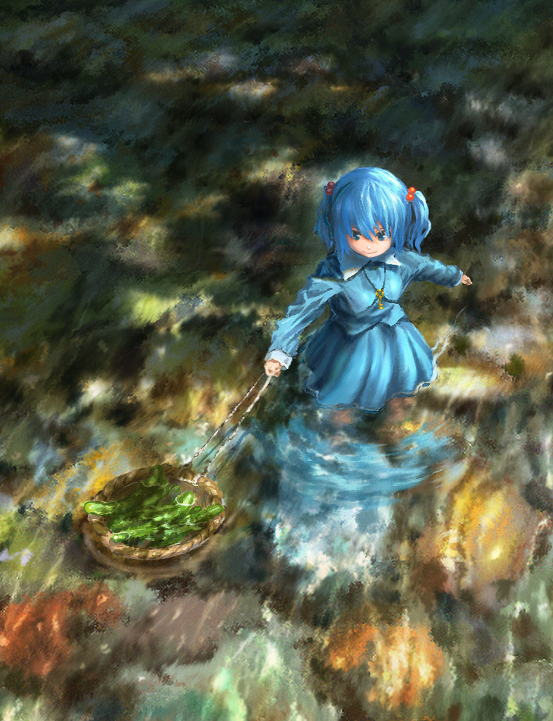 1girl, blue_eyes, blue_hair, blue_shirt, blue_skirt, breasts, closed_mouth, cucumber