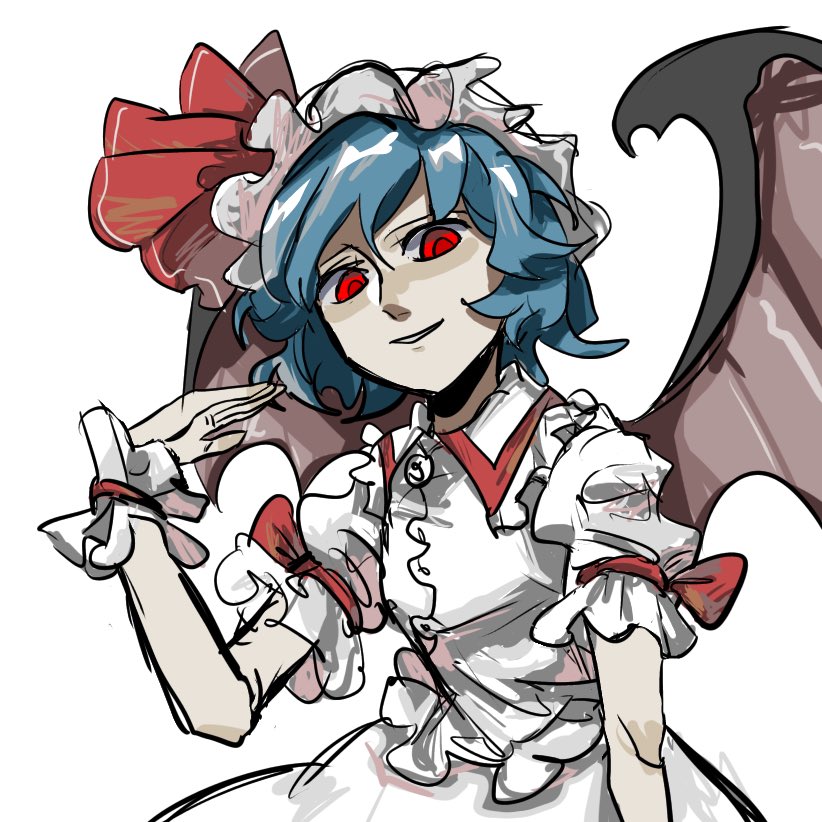 1girl, blue_hair, bow, brown_wings, buttons, cowboy_shot, demon_wings, frilled_sleeves