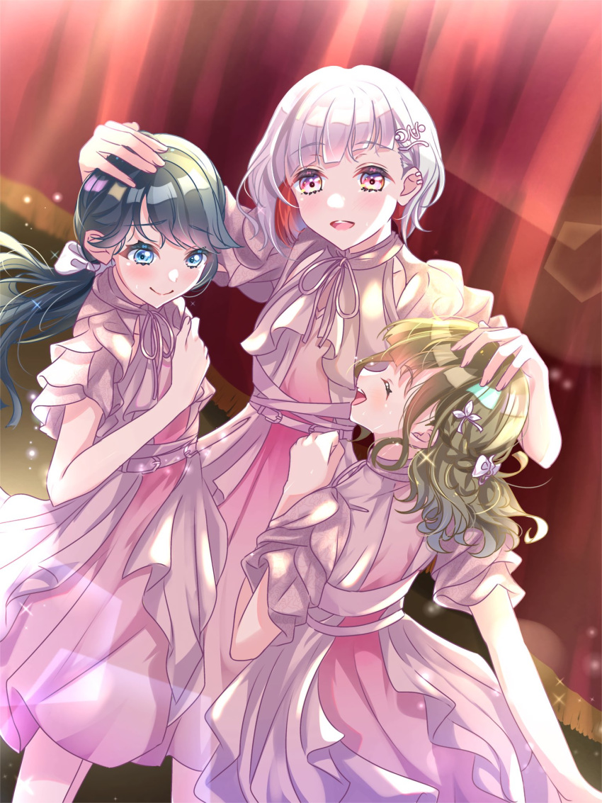 3girls, blue_eyes, blue_hair, bob_cut, bow, brown_hair, center-flap_bangs, colored_inner_hair, commentary_request, curtains, dark_blue_hair, dollchestra, dress, dutch_angle, feet_out_of_frame, frilled_dress, frills, gradient_clothes, gradient_dress, grey_hair, hair_bow, half_up_braid, highres, inverted_bob, kachimachi_kosuzu, link!_like!_love_live!, link_to_the_future_(love_live!), long_hair, love_live!, low_twintails, medium_dress, multicolored_hair, multiple_girls, murano_sayaka, official_alternate_costume, pink_dress, pink_eyes, redhead, sakari_(pear_8_ll), short_hair, short_sleeves, stage, stage_curtains, twintails, virtual_youtuber, white_bow, white_dress, yugiri_tsuzuri