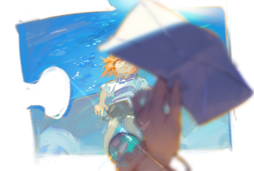2girls, aquan_error, bangle, black_shorts, blurry, blurry_foreground, bracelet, english_commentary, glasses, highres, holding, holding_letter, jewelry, letter, log_pose, looking_at_viewer, multiple_girls, nami's_fangirl, nami_(one_piece), ocean, one_piece, one_piece_fan_letter, orange_hair, outdoors, parted_lips, pov, pov_hands, puzzle_piece, shirt, short_hair, short_sleeves, shorts, white_shirt