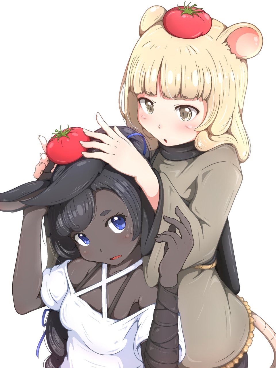 2girls, animal_ears, black_hair, blonde_hair, blue_eyes, blush, breasts, brown_dress
