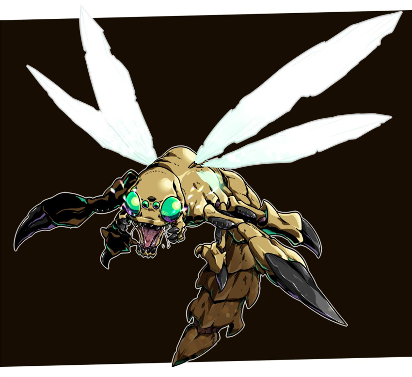 black_background, border, bug, compound_eyes, digimon, digimon_(creature), full_body, green_eyes, highres, insect_wings, mori_no_kaeru, no_humans, simple_background, solo, white_border, wings, yanmamon