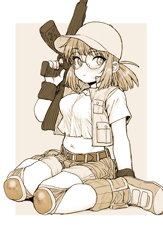 assault_rifle, baseball_cap, belt, blush, breasts, crop_top, fio_germi, glasses, gun, hat, holding, holding_weapon, knee_pads, metal_slug, midriff, monochrome, navel, ponsuke_(pon00000), ponytail, rifle, round_eyewear, shorts, sitting, socks, solo, vest, wariza, weapon, wristband