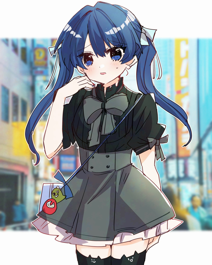 1girl, alternate_costume, alternate_hairstyle, animal_charm, animal_ear_legwear, bag, black_shirt, black_thighhighs