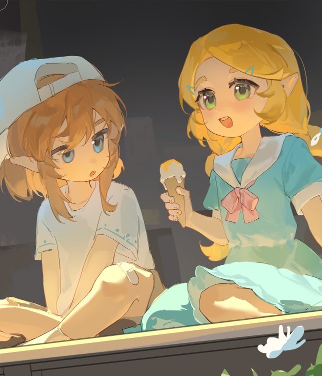 1boy, 1girl, aged_down, backwards_hat, bandaid, bandaid_on_knee, bandaid_on_leg, baseball_cap, blonde_hair, blue_dress, blue_eyes, child, commentary, contemporary, dress, drooling, food, green_eyes, hair_ornament, hairclip, hat, holding, holding_food, holding_ice_cream, ice_cream, ice_cream_cone, indian_style, link, looking_at_food, medium_hair, mouth_drool, neckerchief, open_mouth, parted_lips, pink_neckerchief, pointy_ears, princess_zelda, sailor_collar, sailor_dress, shirt, short_sleeves, sidelocks, single_scoop, sitting, smile, symbol-only_commentary, teeth, the_legend_of_zelda, the_legend_of_zelda:_breath_of_the_wild, upper_teeth_only, white_hat, white_sailor_collar, white_shirt, yokozuwari, yumiyumo3o