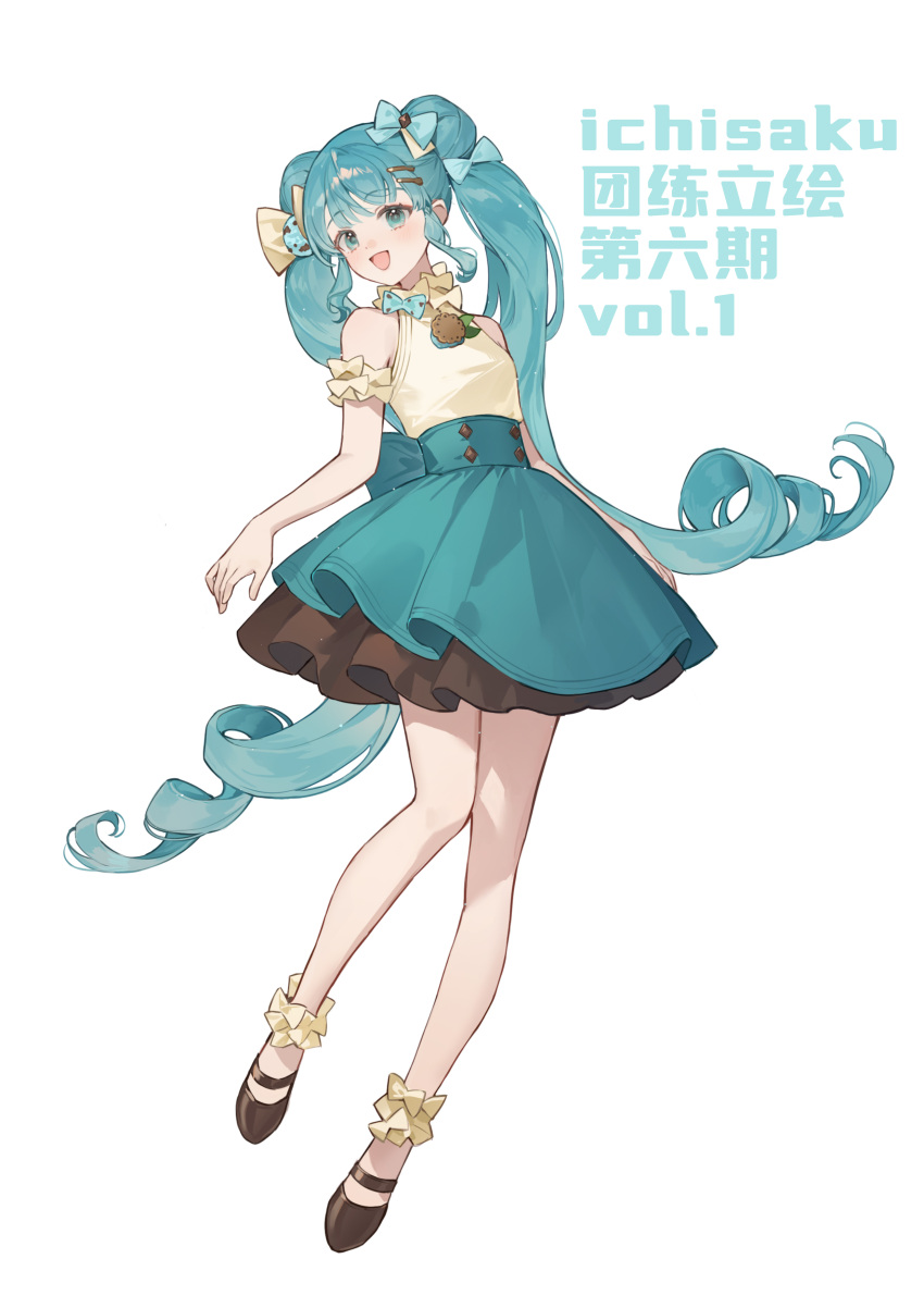 absurdres, artist_name, black_footwear, black_skirt, blue_eyes, blue_hair, blue_skirt, bow