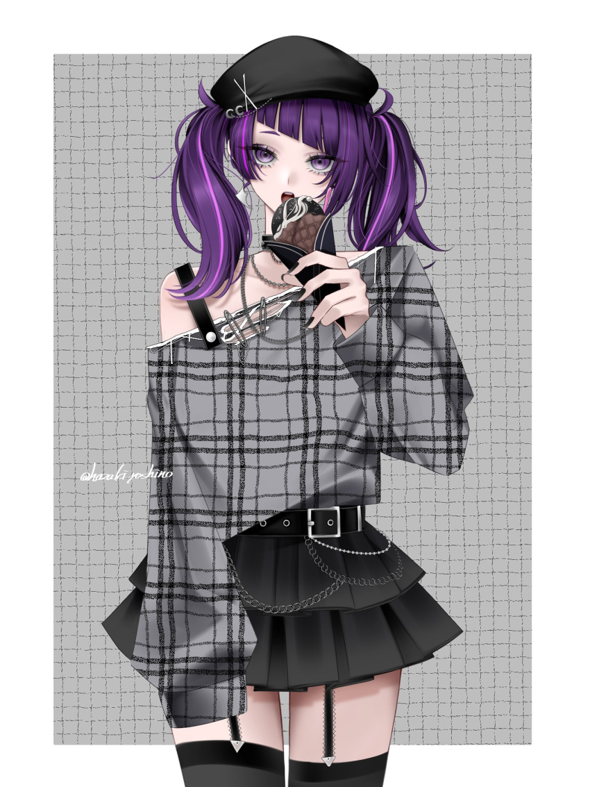 1girl, belt, beret, black_nails, black_thighhighs, crepe, diagonal_bangs, food