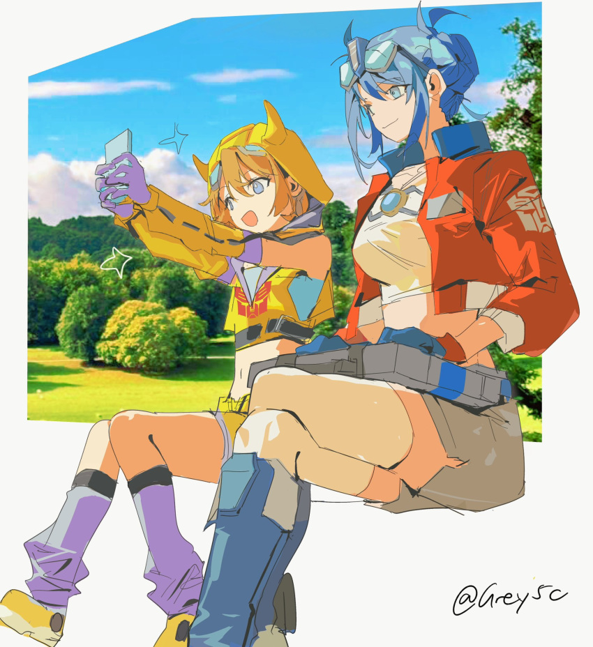 2girls, autobot, blonde_hair, blue_eyes, blue_gloves, blue_hair, blue_shirt, bumblebee_(kotobukiya_bishoujo)_(transformers), bumblebee_(transformers), detached_sleeves, double_bun, eyewear_on_head, genderswap, genderswap_(mtf), gloves, hair_between_eyes, hair_bun, highres, holding, holding_phone, hood, hood_up, hooded_shirt, horned_hood, horns, jacket, kotobukiya_bishoujo, matrix_of_leadership, multiple_girls, navel, open_clothes, open_jacket, optimus_prime, optimus_prime_(kotobukiya_bishoujo), phone, purple_gloves, purple_socks, red_jacket, shirt, shorts, si_ming, sitting, socks, transformers, tree, white_shirt, yellow_shirt, yellow_shorts