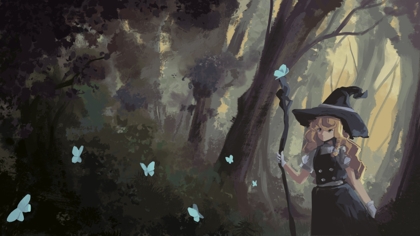 1girl, absurdres, black_hat, black_skirt, black_vest, blonde_hair, blue_butterfly, bug, butterfly, closed_mouth, forest, gloves, haru_bun, hat, highres, kirisame_marisa, large_hat, long_hair, nature, outdoors, puffy_short_sleeves, puffy_sleeves, shirt, short_sleeves, skirt, skirt_set, solo, touhou, tree, vest, walking, white_gloves, white_shirt, witch_hat, yellow_eyes