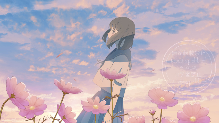 1girl, absurdres, black_eyes, black_hair, blue_sailor_collar, blue_skirt, blue_sky, clouds
