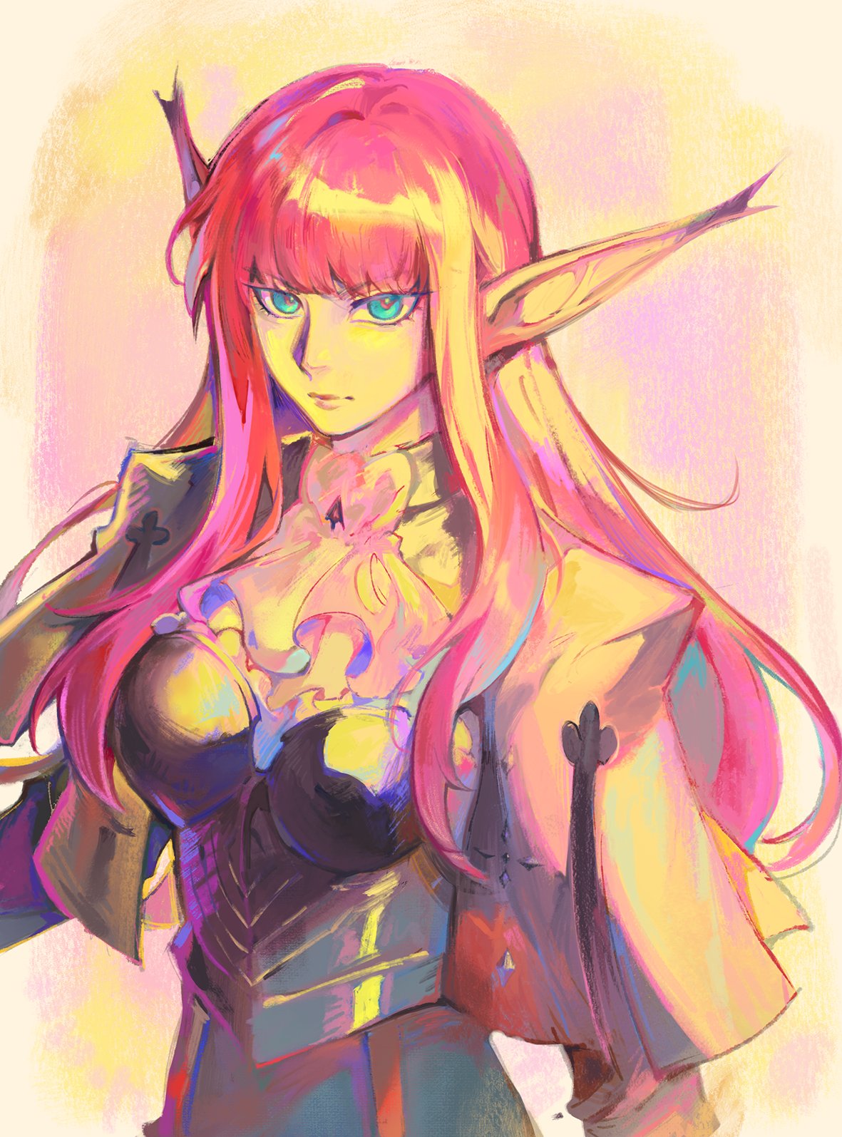 1girl, ascot, blue_eyes, blunt_bangs, breasts, closed_mouth, highres, hulkenberg_(metaphor:_refantazio)