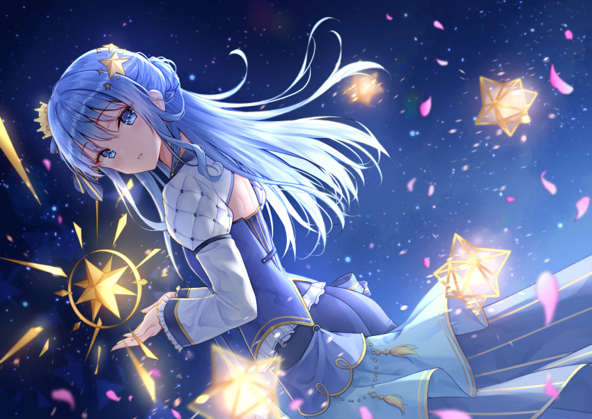 1girl, absurdres, blue_eyes, blue_hair, blue_shirt, blue_skirt, blue_vest, blush, commentary, crown, cupping_hands, dark_background, english_commentary, from_behind, from_side, hair_bun, hair_ornament, half_updo, highres, holding, holding_star, hololive, hoshimachi_suisei, hoshimachi_suisei_(stellar_into_the_galaxy), juliet_sleeves, layered_skirt, long_hair, long_sleeves, looking_at_viewer, official_alternate_costume, official_alternate_hair_length, official_alternate_hairstyle, overskirt, own_hands_together, parted_lips, puffy_sleeves, quilted_clothes, rieatco, shirt, shrug_(clothing), sidelocks, single_side_bun, skirt, solo, star_(symbol), star_hair_ornament, star_in_eye, symbol_in_eye, tilted_headwear, vest, virtual_youtuber, white_shrug