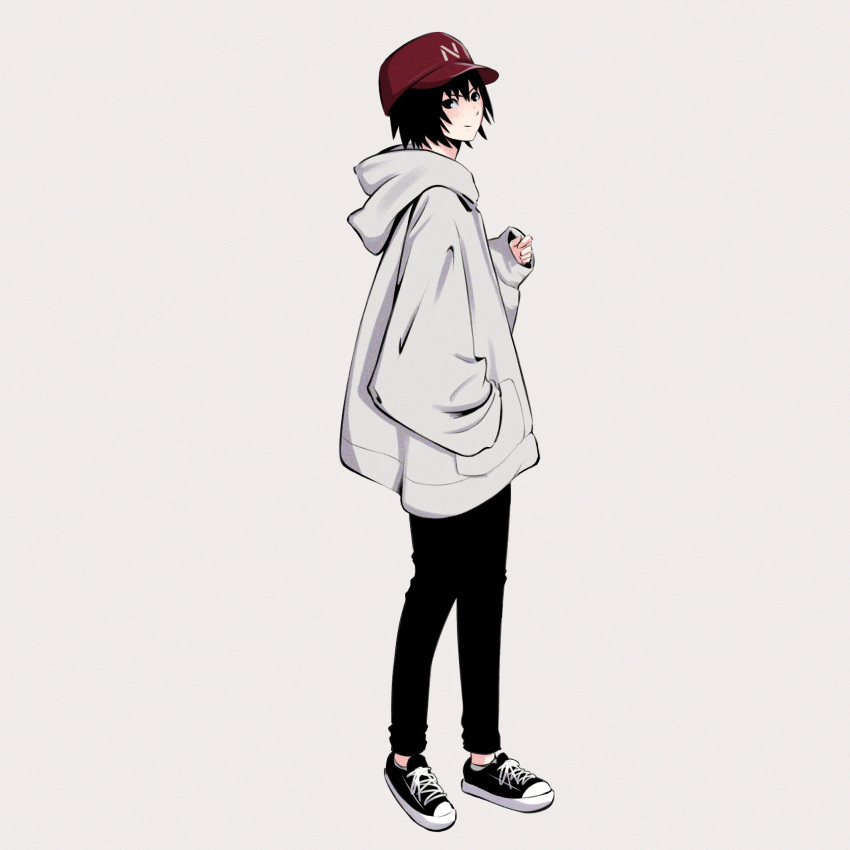 1girl, amagami, ankle_socks, baseball_cap, black_eyes, black_footwear, black_hair, black_pants