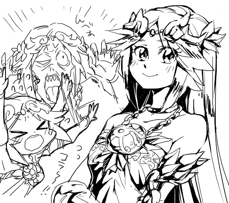 >_<, bare_shoulders, closed_mouth, greyscale, jewelry, kid_icarus, kid_icarus_uprising, long_hair, middle_part, monochrome, neck_ring, palutena, pseudo-palutena, sidelocks, smile, suno_(imydream), vambraces