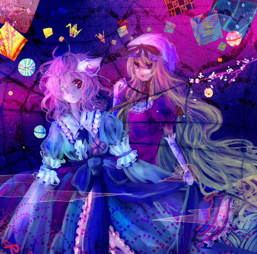 blonde_hair, branch, cherry_blossoms, elbow_gloves, flower, frills, gloves, hat
