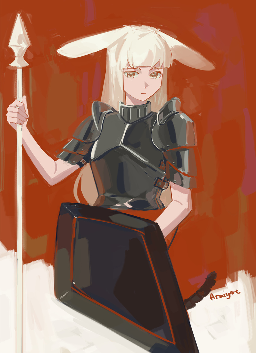 1girl, animal_ears, araiyme, armor, blonde_hair, blunt_bangs, breastplate, closed_mouth, commentary, defender_rabbit, ears_down, english_commentary, expressionless, highres, holding, holding_polearm, holding_shield, holding_weapon, long_hair, looking_at_viewer, orange_background, pauldrons, polearm, rabbit_and_steel, rabbit_ears, rabbit_girl, shield, shoulder_armor, signature, solo, spear, upper_body, weapon