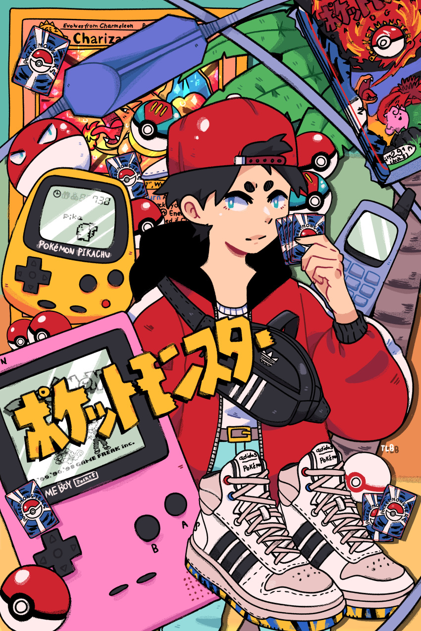 absurdres, backwards_hat, black_hair, blue_eyes, character_name, creature_request, footwear_request, hat