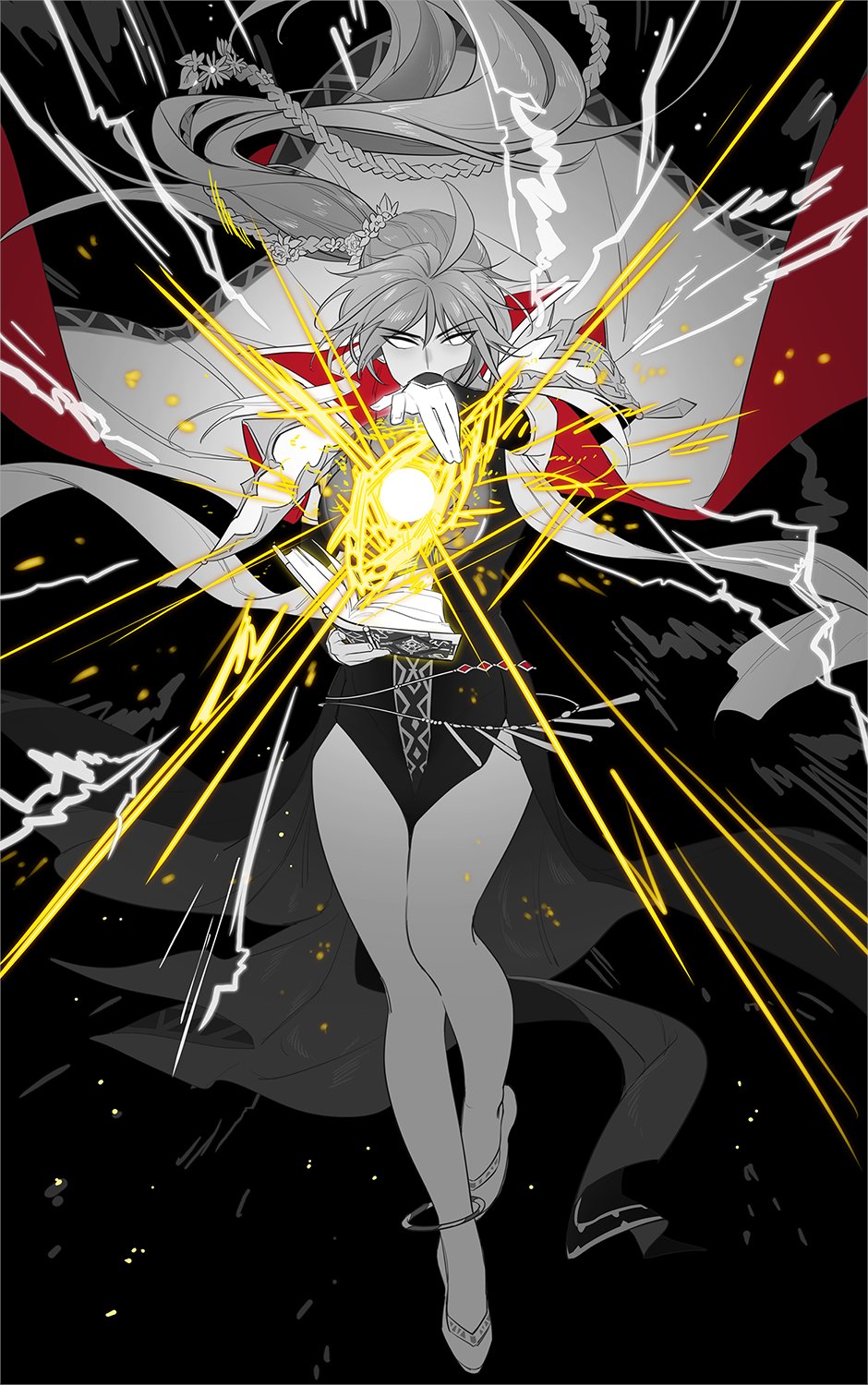 anklet, book, braid, cape, commission, commissioner_upload, electricity, fire_emblem, fire_emblem:_genealogy_of_the_holy_war, highres, ishtar_(fire_emblem), ishtar_(fire_emblem)_(echoing_thunder), jewelry, long_hair, magic, monochrome, xiafei97