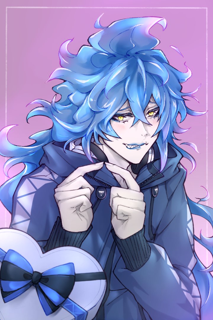 1boy, blue_hair, blue_jacket, blue_lips, box, box_of_chocolates, commentary, fiery_hair