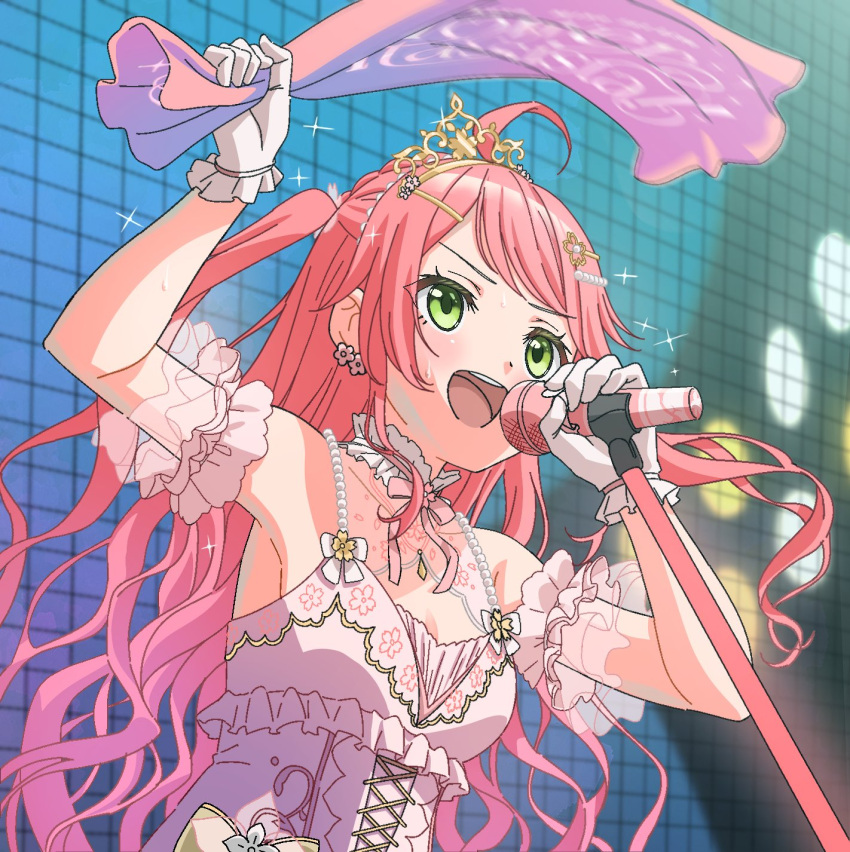 1girl, ahoge, arm_up, blush, chiro., choker, concert, cross-laced_clothes, cross-laced_dress, detached_sleeves, dress, earrings, flower, flower_earrings, frilled_choker, frilled_dress, frilled_gloves, frilled_sleeves, frills, gloves, green_eyes, hair_flower, hair_ornament, hairclip, highres, holding, holding_microphone, holding_towel, hololive, jewelry, long_hair, microphone, microphone_stand, music, official_alternate_costume, open_mouth, pink_choker, pink_dress, pink_hair, puffy_short_sleeves, puffy_sleeves, sakura_miko, sakura_miko_(flower_fantasista!), short_sleeves, singing, solo, stage, sweat, teeth, tiara, tilted_headwear, towel, upper_teeth_only, virtual_youtuber, white_gloves