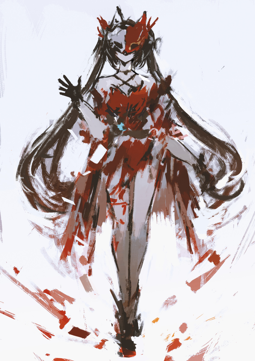 1girl, absurdres, black_gloves, black_hair, dress, fox_mask, full_body, gloves