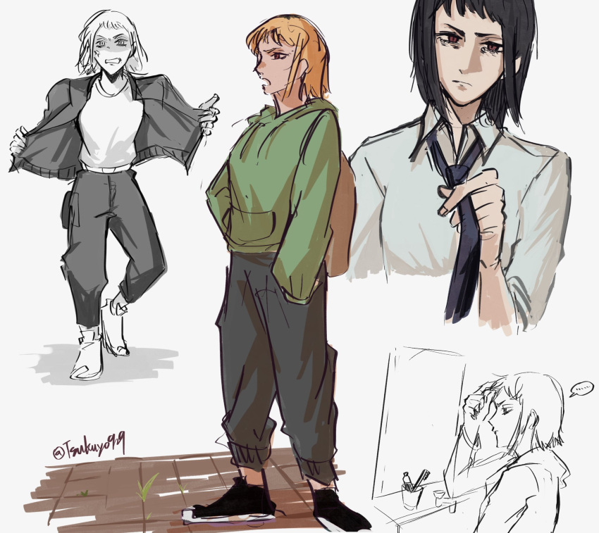 bleached_hair, blonde_hair, chainsaw_man, green_hoodie, hands_in_pockets, highres, hood, hooded_sweater