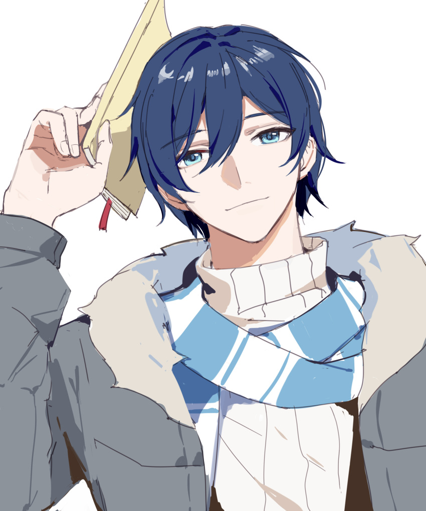 1boy, absurdres, blue_eyes, blue_hair, blue_scarf, book, bookmark, closed_mouth, fur-trimmed_jacket, fur_trim, grey_jacket, hair_between_eyes, hand_up, hashtag-only_commentary, highres, holding, holding_book, honkai_(series), honkai_impact_3rd, jacket, long_sleeves, looking_at_viewer, male_focus, manbu72747, open_clothes, open_jacket, ribbed_sweater, scarf, short_hair, simple_background, smile, solo, striped_clothes, striped_scarf, sweater, turtleneck, turtleneck_sweater, upper_body, welt_joyce, white_background, white_scarf, white_sweater