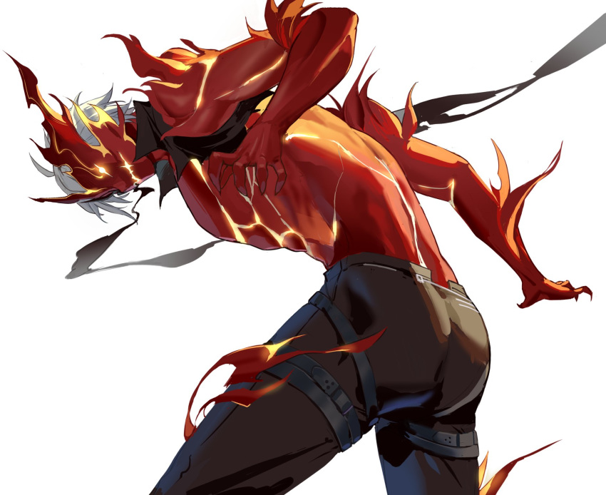 1boy, black_pants, colored_skin, fire, glowing, glowing_eyes, hashtag-only_commentary, highres, honkai_(series), honkai_impact_3rd, kalpas_(honkai_impact), leaning_forward, male_focus, manbu72747, pants, red_skin, short_hair, simple_background, solo, standing, thigh_strap, topless_male, torn_clothes, white_background, white_hair, yellow_eyes