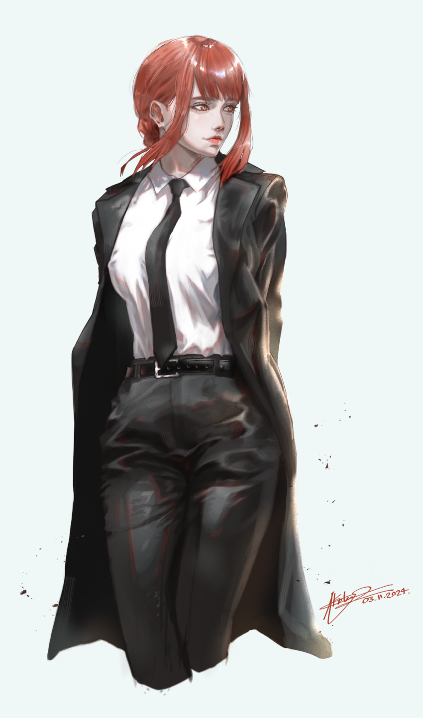 1girl, adam_kun_arts, arms_behind_back, black_coat, black_necktie, black_pants, chainsaw_man, closed_mouth