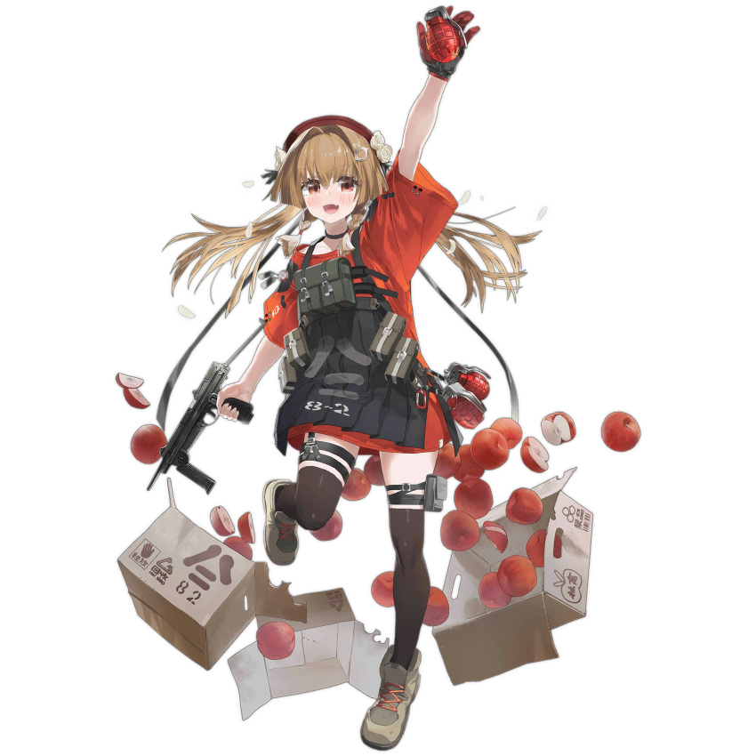 1girl, :d, ankle_boots, apple, apple_slice, apron, arm_up, black_apron