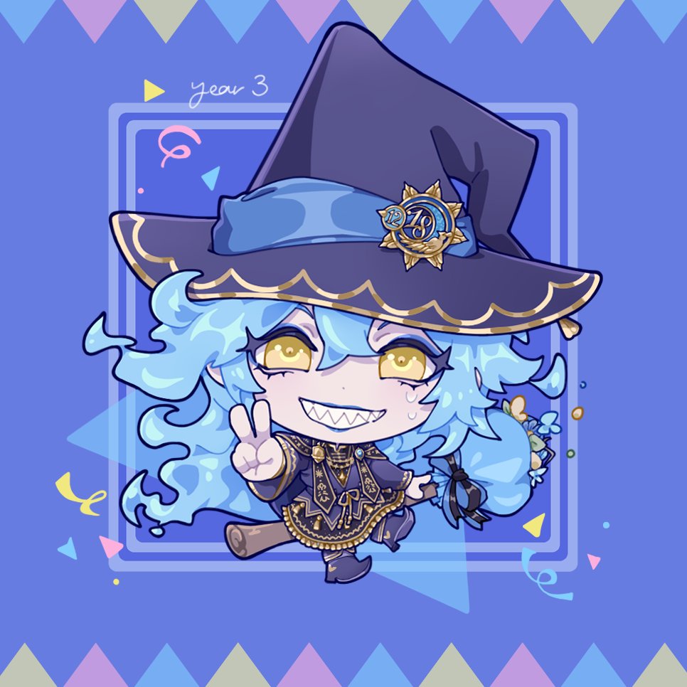 1boy, black_robe, blue_background, blue_hair, broom, broom_riding, chibi, commentary_request