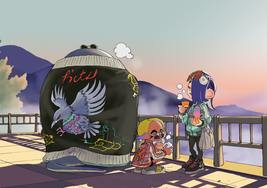 1boy, 2girls, against_railing, alternate_costume, baozi, big_man_(splatoon), black_pants, black_shorts
