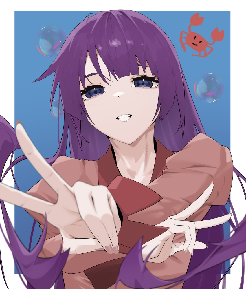 1girl, absurdres, arril100, bakemonogatari, blue_background, blue_eyes, blurry, blurry_foreground, blush, border, bubble, collared_shirt, crab, crossed_arms, eyelashes, foreshortening, highres, juliet_sleeves, long_hair, long_sleeves, looking_at_viewer, monogatari_(series), nail_polish, naoetsu_high_school_uniform, pink_nails, pink_shirt, puffy_sleeves, purple_hair, school_uniform, senjougahara_hitagi, shirt, simple_background, solo, teeth, upper_body, v, very_long_hair, white_border