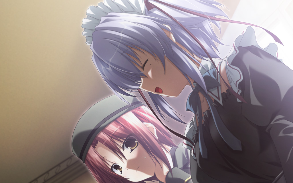 2girls, asai_f._lavinia, beret, bow, ceiling, chikotam, corset, detached_collar