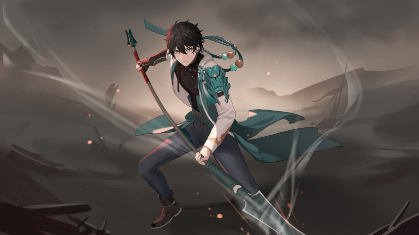 1boy, ahoge, black_gloves, black_hair, black_shirt, boots, brown_footwear, closed_mouth