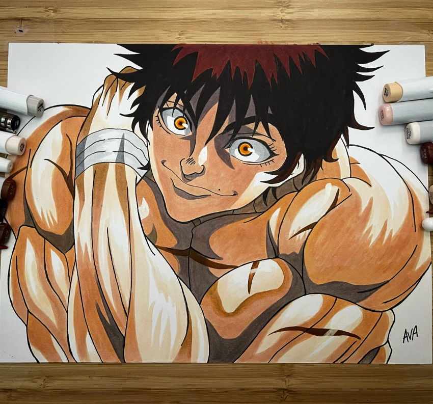 1boy, art_tools_in_frame, bandaged_arm, bandages, brown_hair, commentary, draw_with_aid, english_commentary