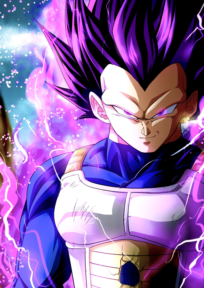1boy, blue_shirt, closed_mouth, commentary_request, dragon_ball, dragon_ball_super, ear_ornament, earclip